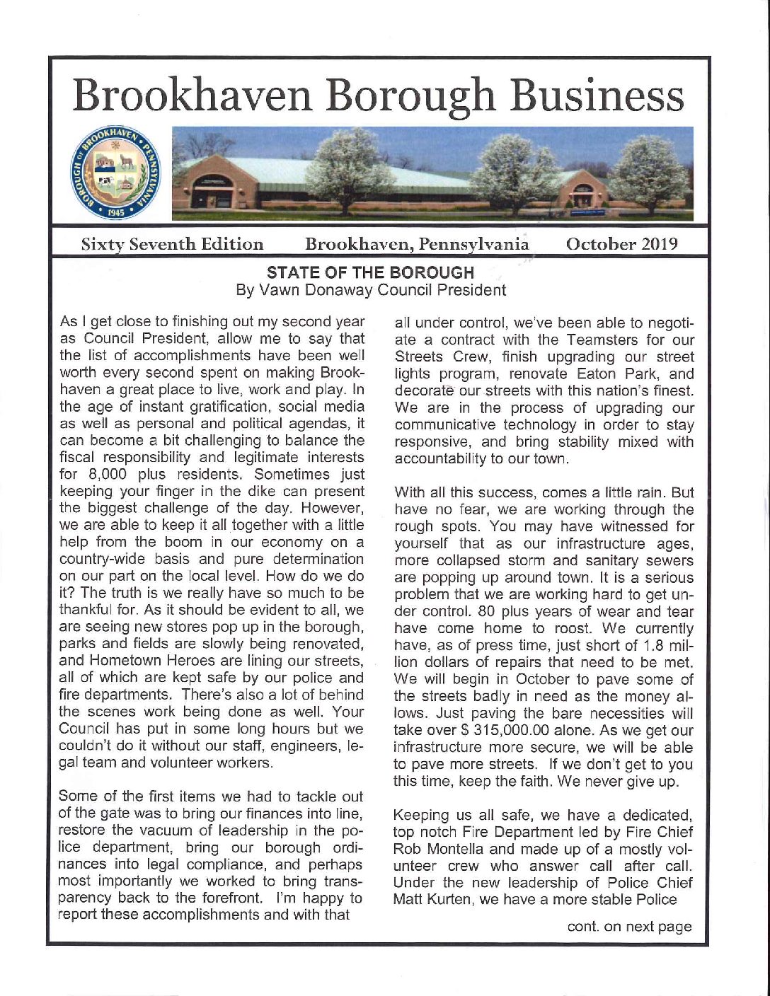 Thumbnail of the first page of 'Newsletter – October 2019'